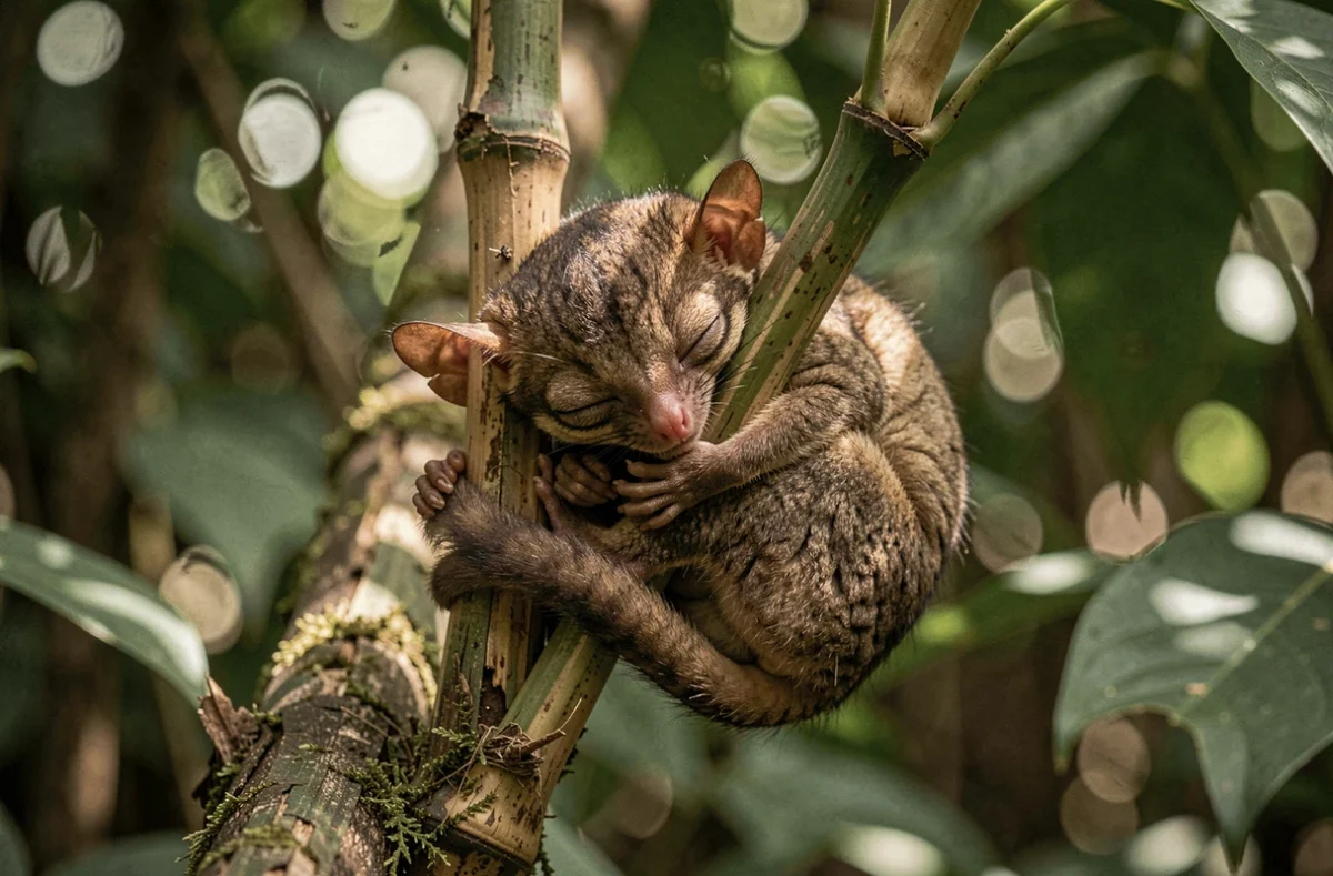 Tarsier philippin endormi contre une tige de bambou dans la forêt ombragée de l'île de Siargao