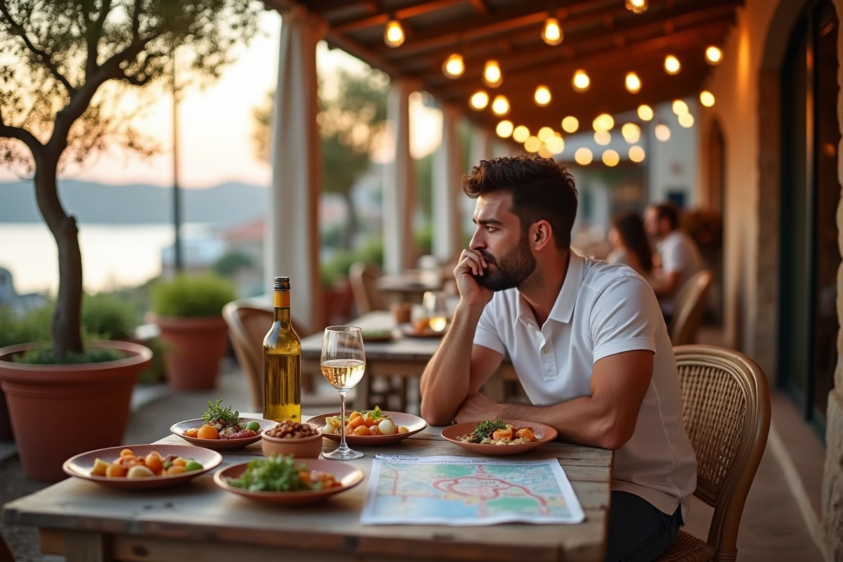 Voyageur planifiant son itinéraire autour d'une table de taverne grecque typique avec mezzés locaux à Zakynthos