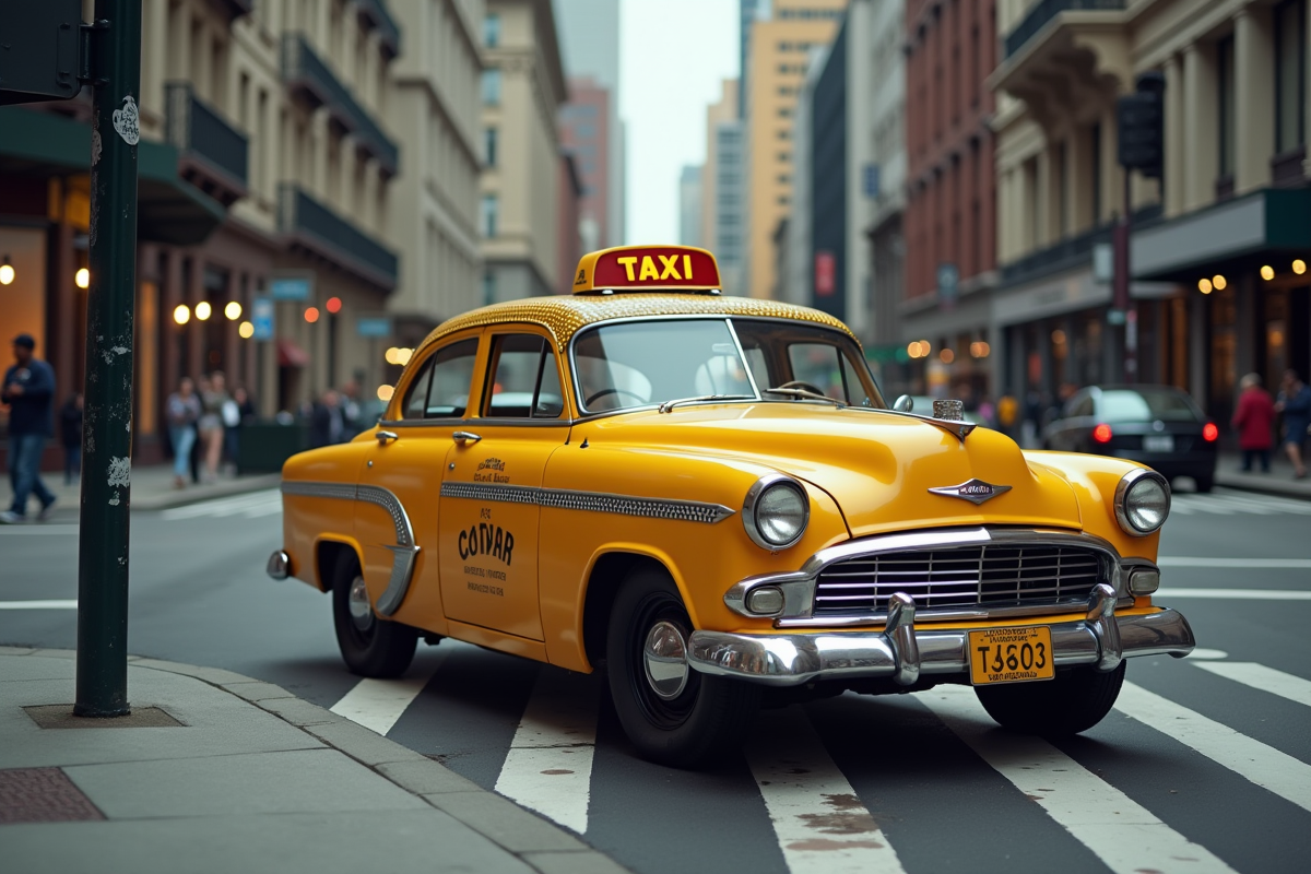 Taxi jaune stationne en ville avec signal lumineux