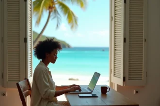 Femme en télétravail depuis un appartement en Guadeloupe avec vue sur la mer turquoise