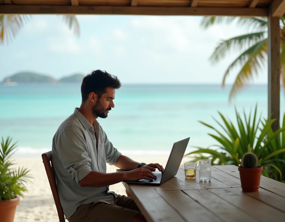 Homme en télétravail sur une terrasse en bord de mer en Guadeloupe avec ordinateur portable