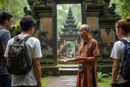 Guide balinais expliquant l etiquette au temple à des touristes