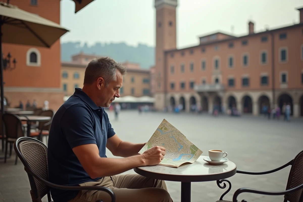 Touriste consultant une carte de Sienne à la terrasse d'un café sur la Piazza del Campo