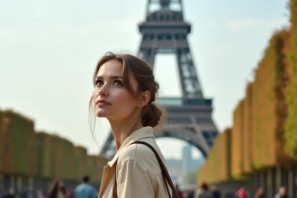 Femme touriste devant la Tour Eiffel à Paris en automne, illustrant le pays le plus visité au monde