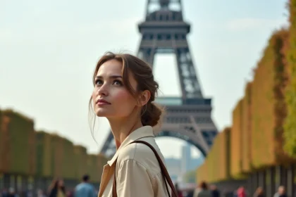 Femme touriste devant la Tour Eiffel à Paris en automne, illustrant le pays le plus visité au monde