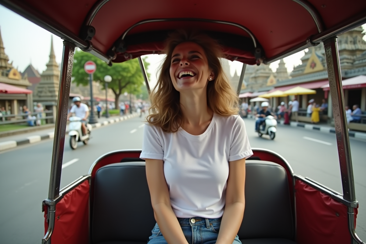 Touriste européenne riant dans un tuk tuk en ville