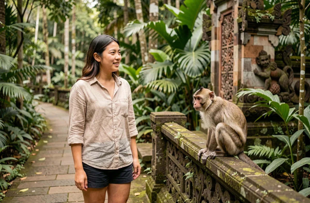 Jeune touriste observant calmement un macaque sur un muret sculpté dans la Monkey Forest d'Ubud à Bali, sans nourrir ni toucher l'animal