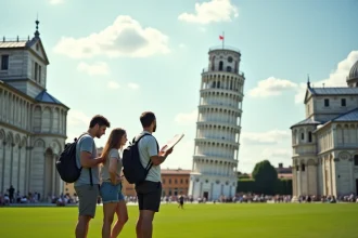 Touristes consultant une carte devant la Tour de Pise sur la Piazza dei Miracoli en été