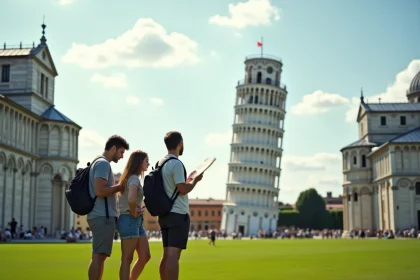 Touristes consultant une carte devant la Tour de Pise sur la Piazza dei Miracoli en été