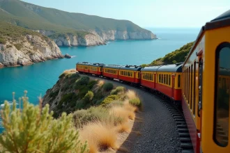 Train touristique Île-Rousse Calvi longeant les falaises et la mer turquoise de Corse en saison estivale