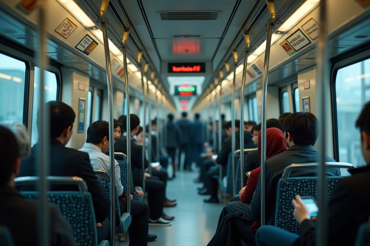 Passagers dans un wagon de métro LRT à Kuala Lumpur pendant les heures de pointe