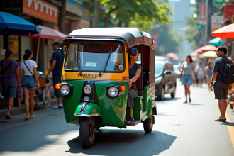 Tuk tuk coloré dans une rue animée de Bangkok avec touristes