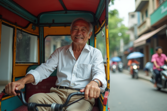 Homme asiatique conduisant un tuk tuk coloré en ville