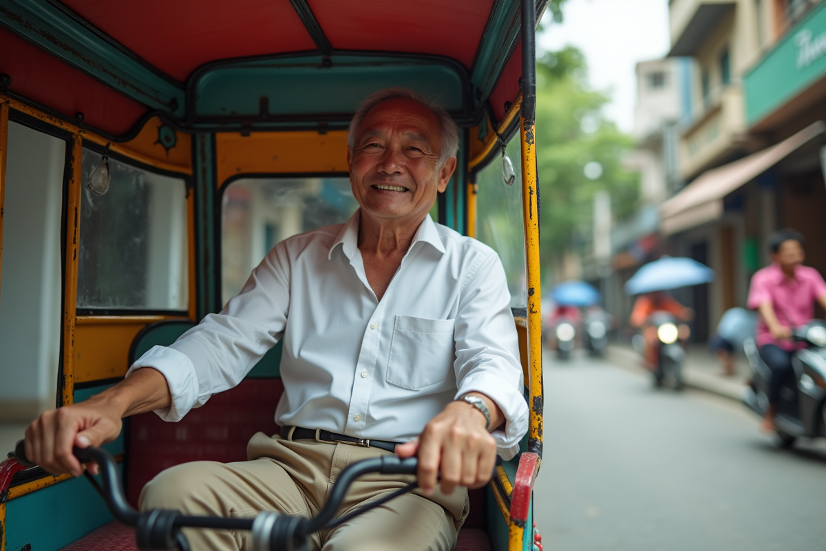 Homme asiatique conduisant un tuk tuk coloré en ville