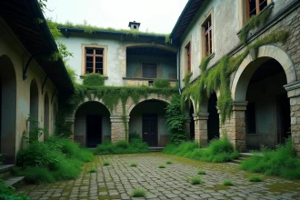 Place abandonnée d'un village fantôme d'Europe de l'Est envahie par la végétation et les décombres