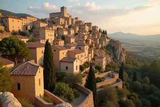 Vue panoramique du village perché de Gordes en Provence avec ses façades en pierre calcaire et son château Renaissance au sommet