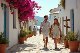 Couple de voyageurs se promenant dans les ruelles pittoresques d'un village traditionnel de Zakynthos avec vue sur la mer Ionienne