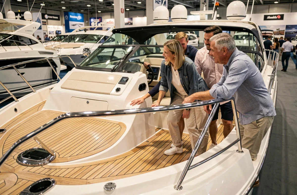 Visiteurs explorant un bateau à moteur de luxe au Salon Nautique International de Paris