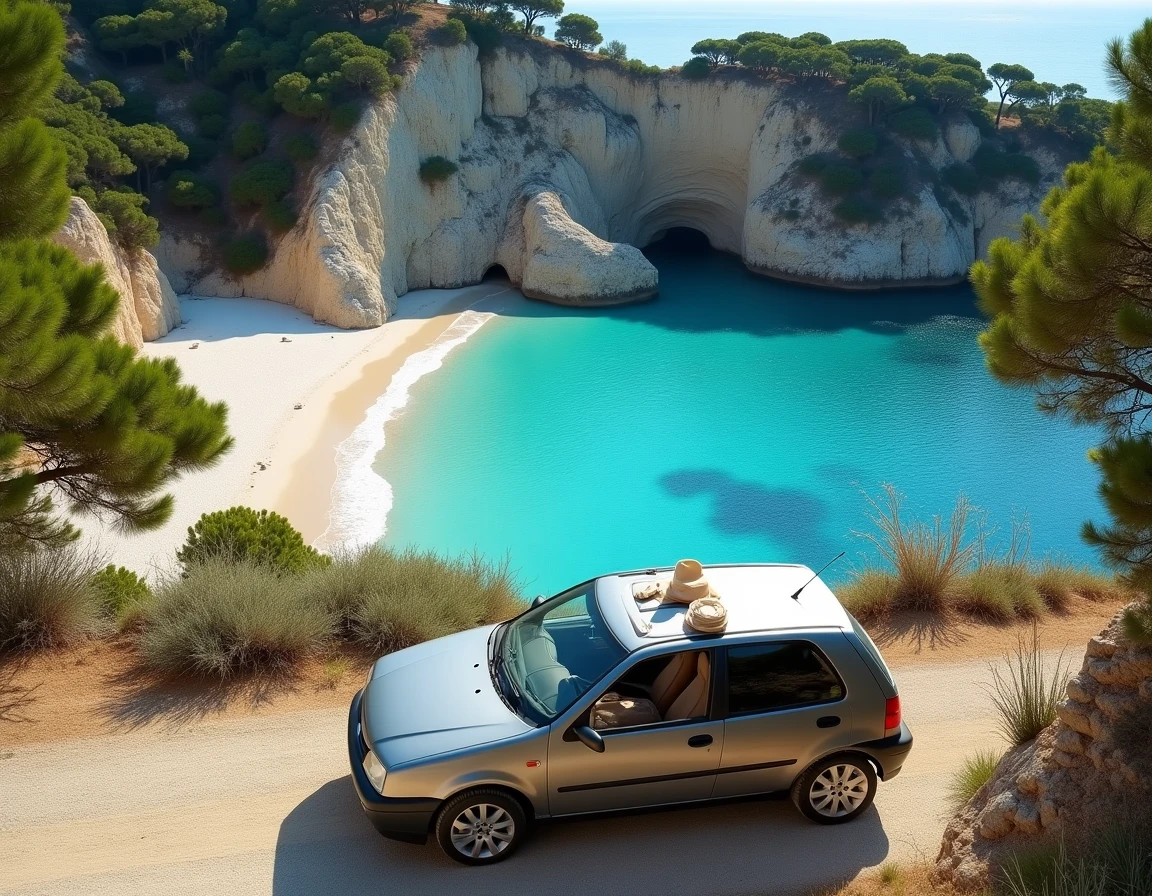 Voiture garée sur un belvédère face à une plage secrète de sable blanc en Corse entourée de rochers de granit