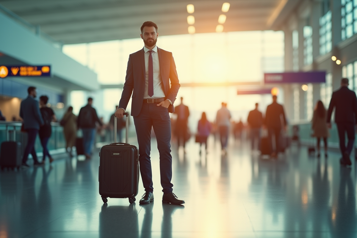 Voyageur seul avec valise dans un aéroport international