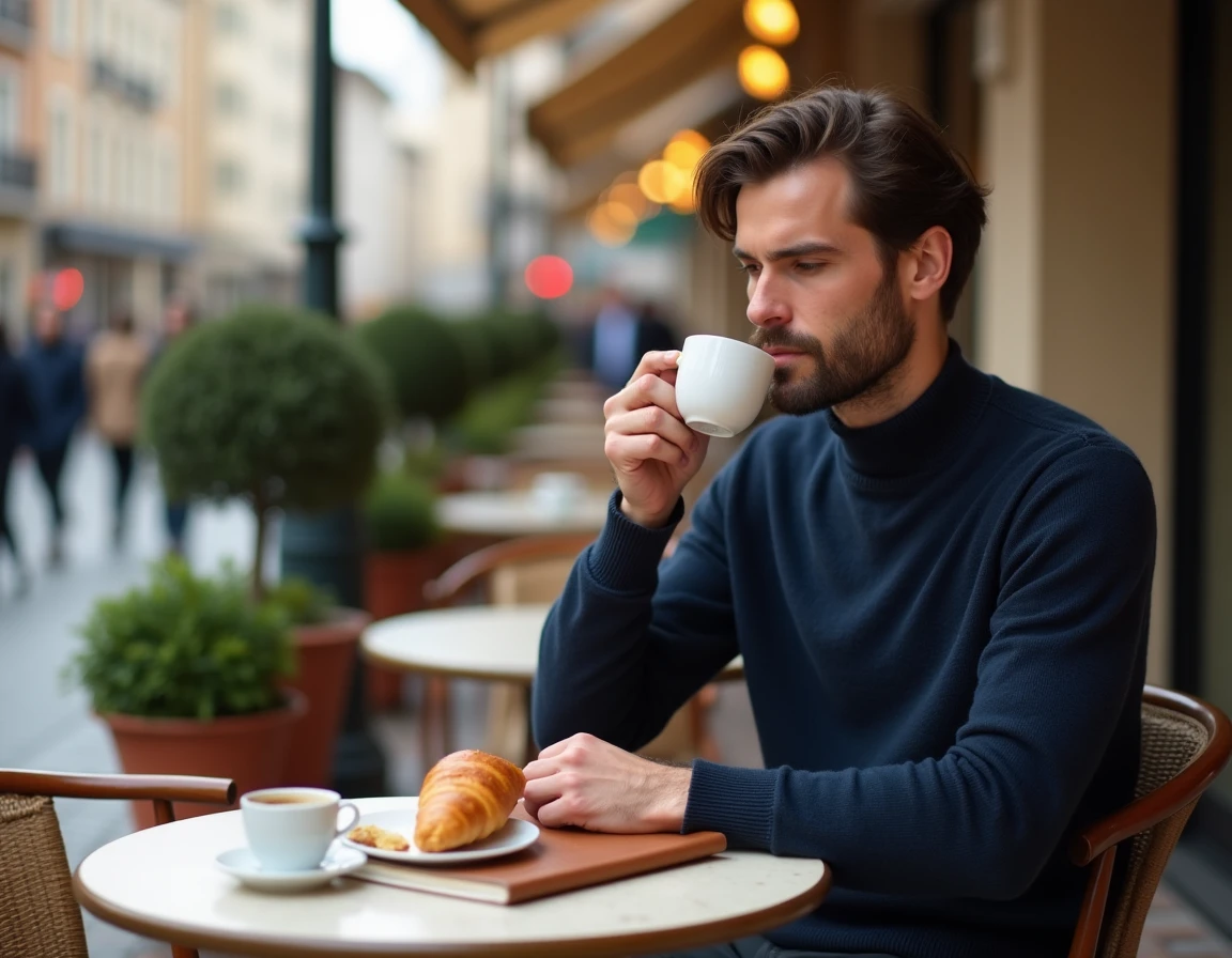 Voyageur prenant un café en terrasse à Lyon, profitant d'une escale dans la deuxième ville touristique de France