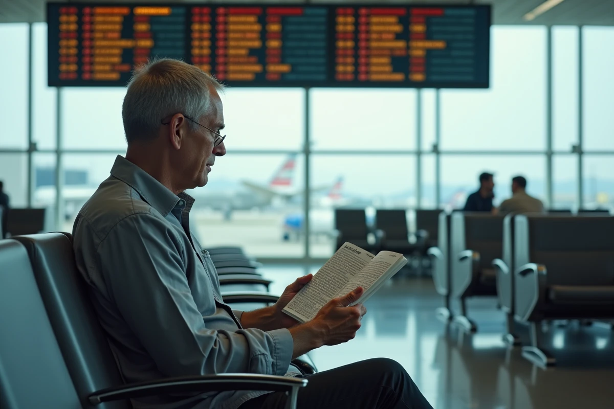 Voyageur consultant un guide des fuseaux horaires dans un terminal d'aéroport avec tableau des départs en arrière-plan