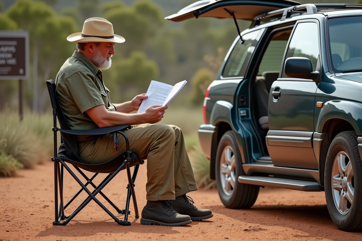 Voyageur seul lisant un guide de camping à côté de sa voiture dans un arrêt routier australien