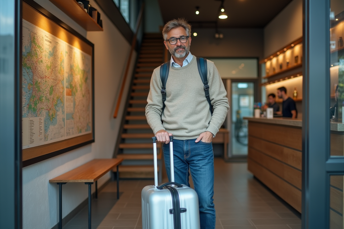 Voyageur seul entrant dans un lobby d auberge urbaine