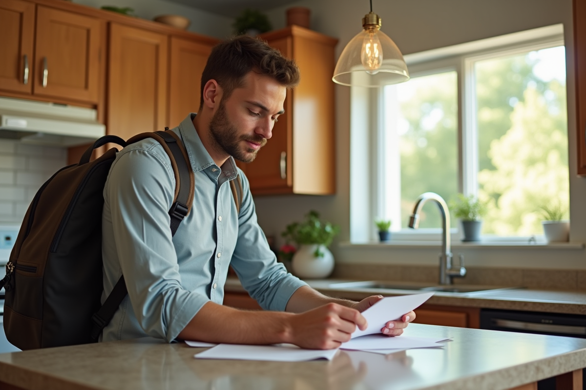 Homme voyageur lisant une note dans une cuisine lumineuse