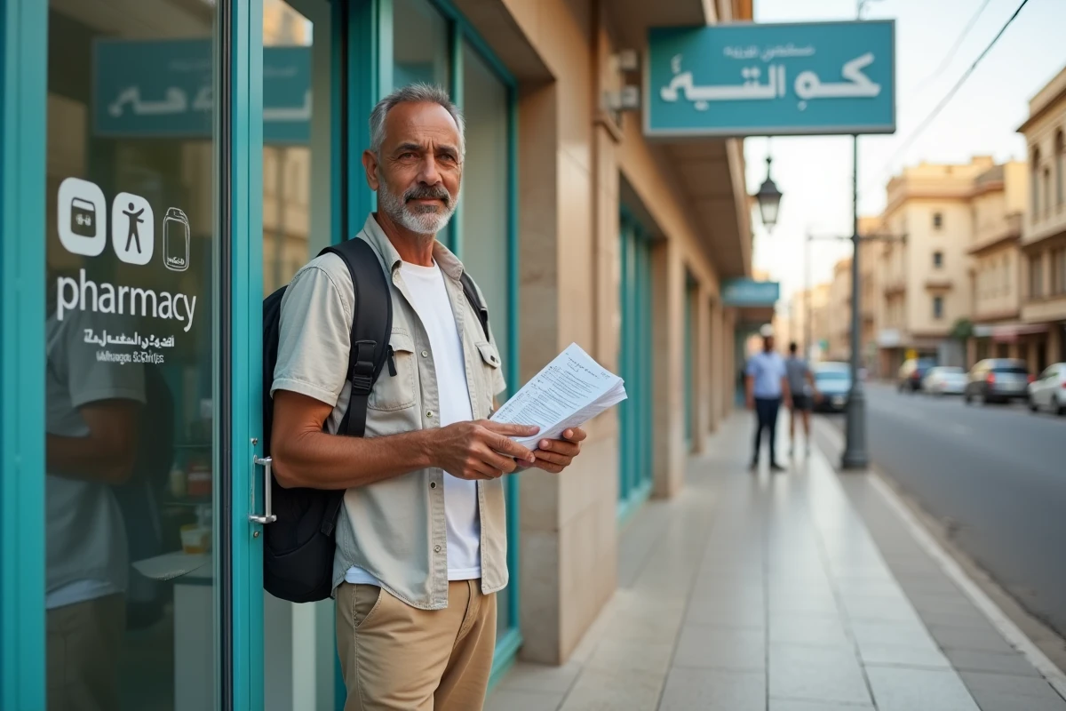 Voyageur masculin devant une pharmacie égyptienne à Alexandrie avec une trousse de santé et une checklist médicale