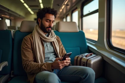 Jeune homme nord-africain lisant une priere dans le train