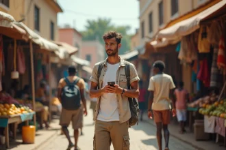 Jeune voyageur confus dans un marché Zanzibar coloré