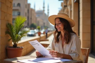 Voyageuse consultant ses documents d'assurance voyage et de santé dans un café en plein air au Caire en Égypte