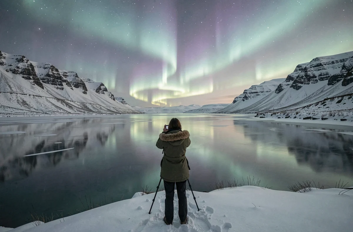Voyageuse photographiant l'aurore boréale depuis une crête enneigée surplombant un lac gelé en Islande