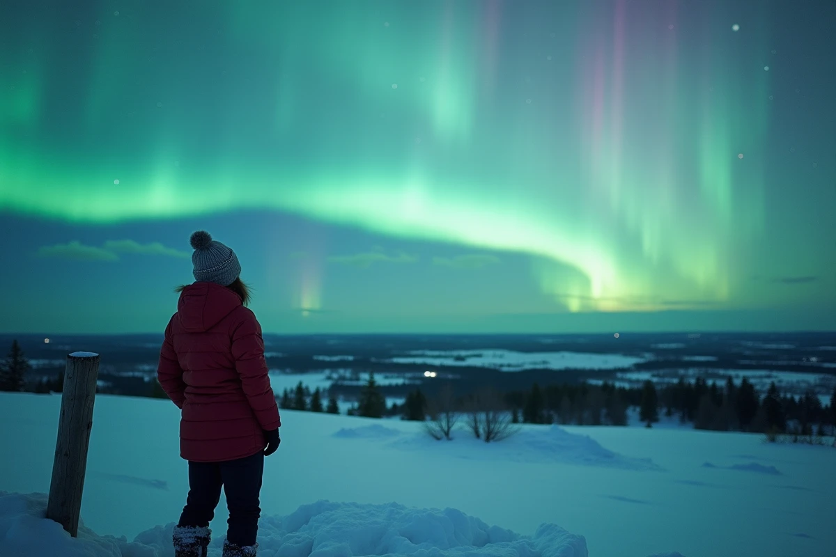 Voyageuse solitaire de dos admirant une aurore boréale aux couleurs vertes et roses depuis un sommet enneigé en Finlande