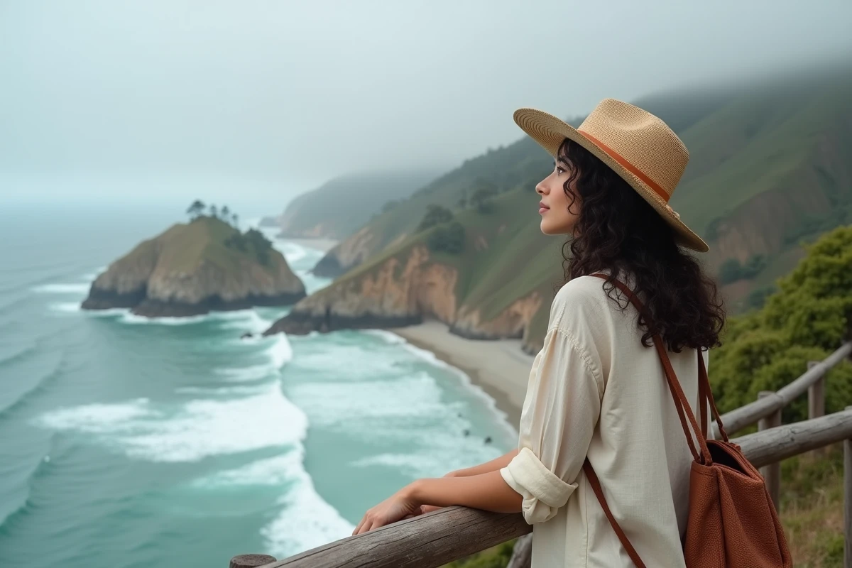 Femme voyageuse seule admirant le panorama spectaculaire de Big Sur sur la route côtière Highway 1 en Californie