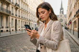 Voyageuse consultant l'application Get Your Guide sur smartphone lors d'un city trip dans une rue pavée européenne