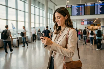 Voyageuse souriante consultant son application de fidélité MisterFly Club dans un aéroport moderne