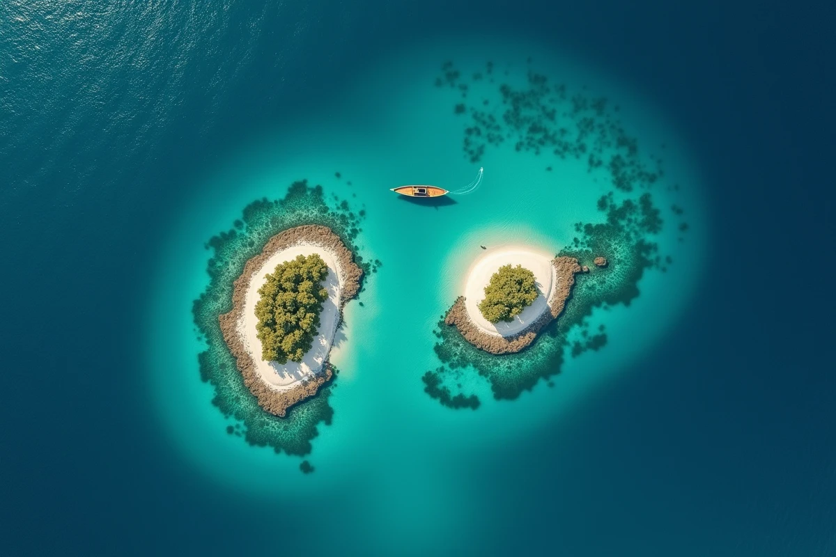Vue aérienne d'un archipel caribéen aux eaux turquoise rappelant une carte géographique vue du ciel