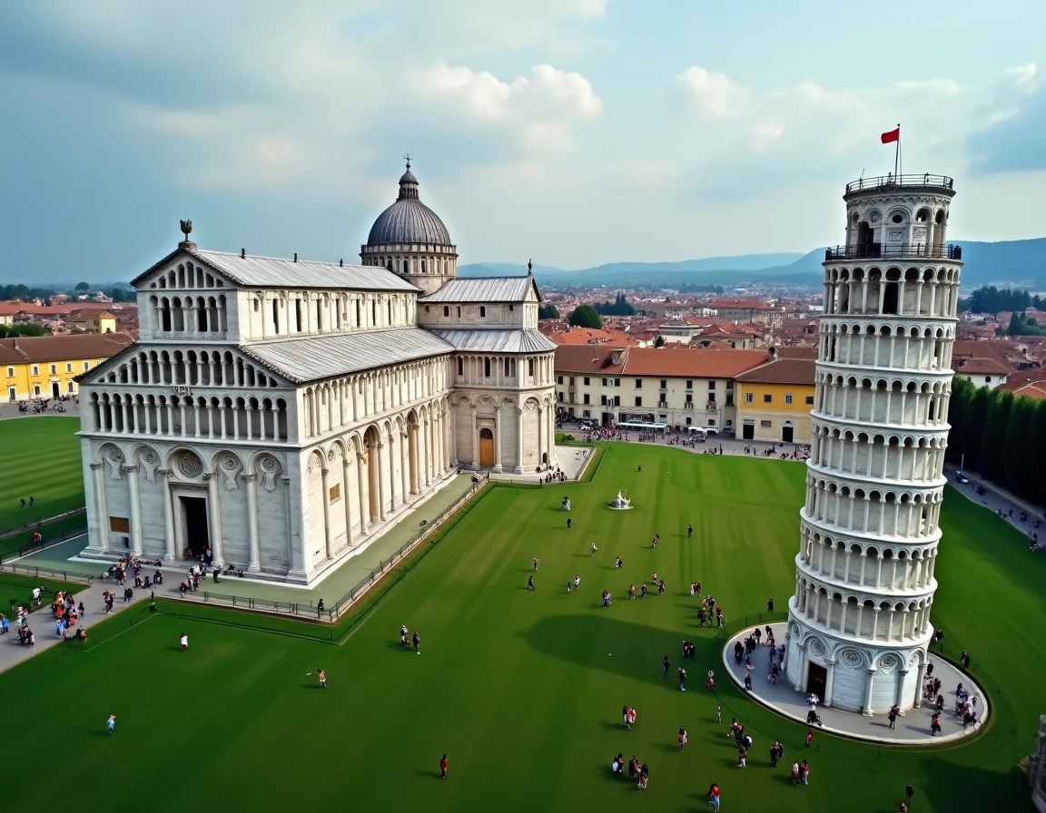 Vue aérienne de la Piazza dei Miracoli avec la Tour de Pise, la Cathédrale et des touristes en visite