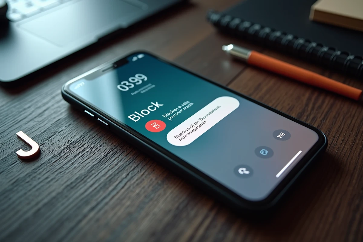 Vue en plongée d'un smartphone affichant une liste de numéros bloqués avec le code téléphonique 39 sur un bureau en bois
