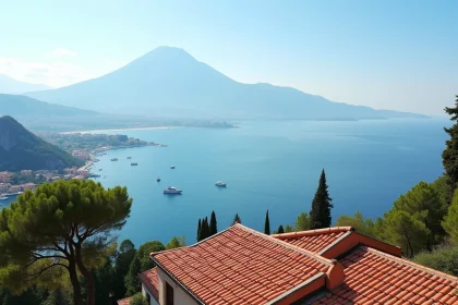 Vue panoramique de la baie de Naples avec le Vésuve en arrière-plan depuis une terrasse de Posillipo