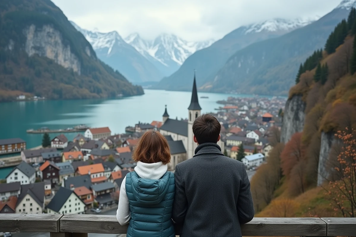 Vue panoramique aérienne du village de Hallstatt depuis le Skywalk avec un couple en voyage romantique en Autriche