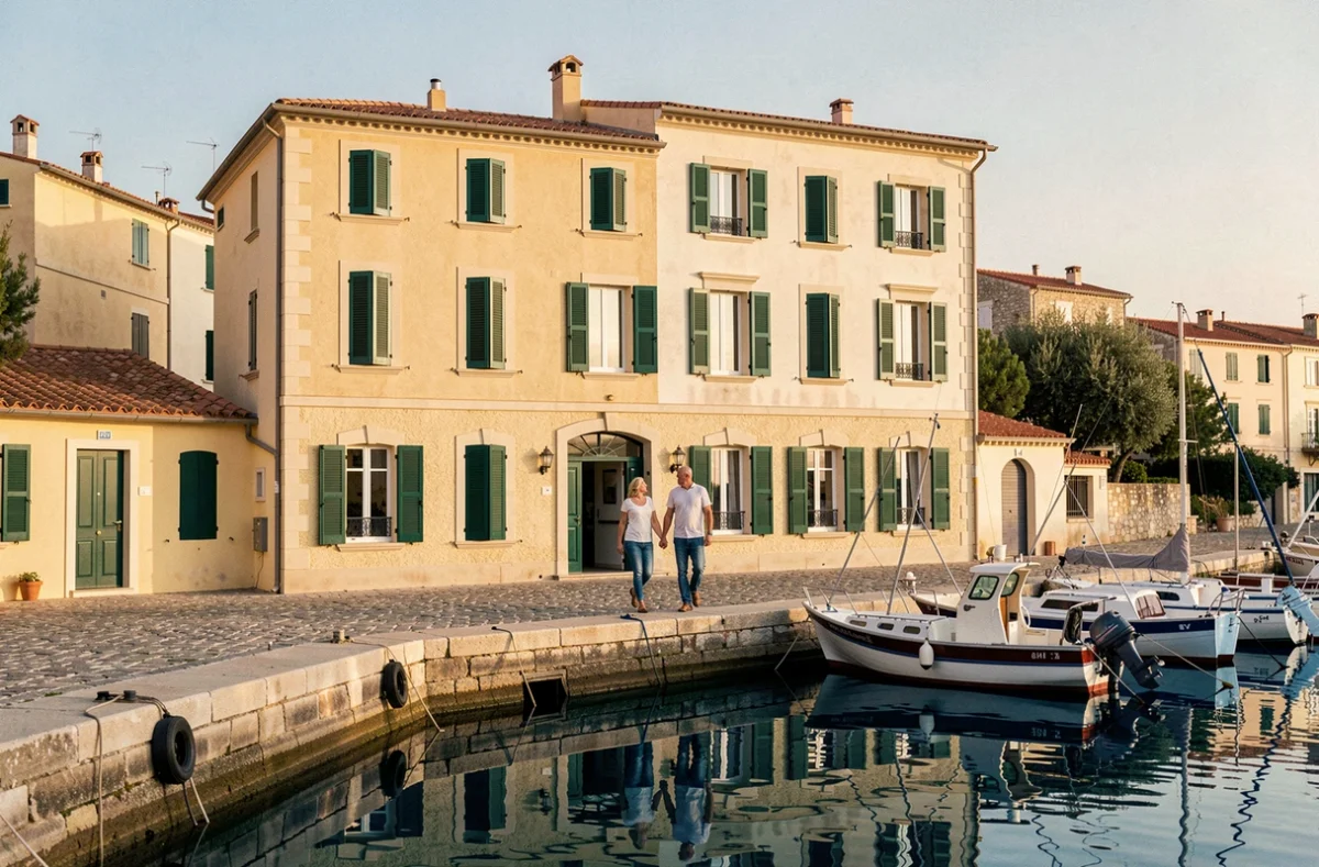 Façade du Welcome Hotel sur le quai de Villefranche-sur-Mer avec bateaux de pêche et port cobalt